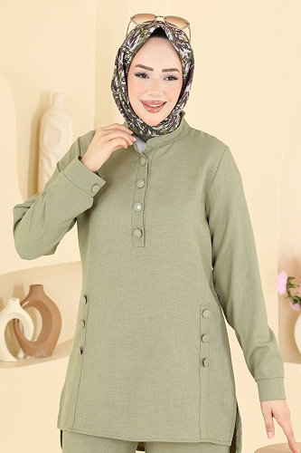 moda selvim Düğme Detaylı 2 li Takım 24049UKB139 Çağla - Thumbnail