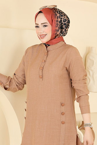 moda selvim Düğme Detaylı 2 li Takım 24049UKB139 Latte - Thumbnail