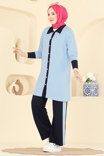 moda selvim Düğme Detaylı 2 li Takım 2800AYD574 Laci&Bebe Mavisi - Thumbnail