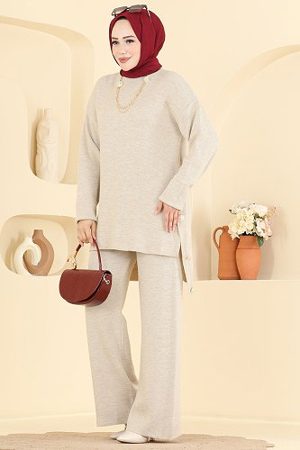 moda selvim Düğme Detaylı 2 li Takım 2840AYD574 Taş - Thumbnail