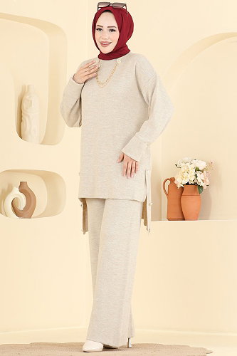 moda selvim Düğme Detaylı 2 li Takım 2840AYD574 Taş - Thumbnail