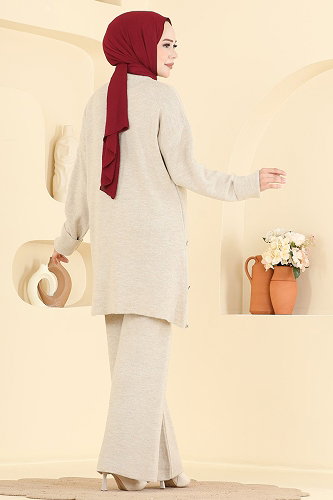 moda selvim Düğme Detaylı 2 li Takım 2840AYD574 Taş - Thumbnail