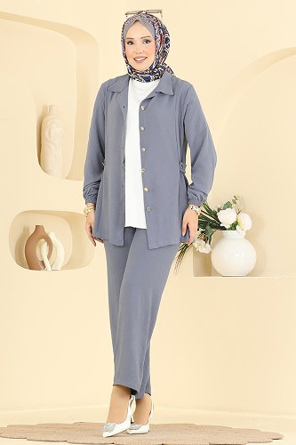 moda selvim Düğme Detaylı 2 li Takım 9245PLK541 Antrasit - Thumbnail