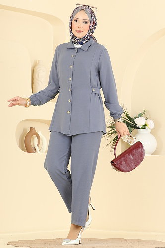moda selvim Düğme Detaylı 2 li Takım 9245PLK541 Antrasit - Thumbnail