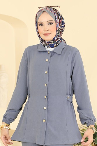 moda selvim Düğme Detaylı 2 li Takım 9245PLK541 Antrasit - Thumbnail