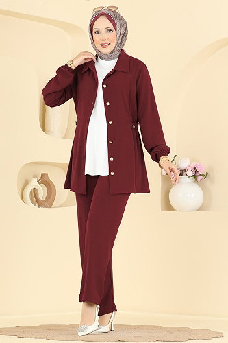 moda selvim Düğme Detaylı 2 li Takım 9245PLK541 Bordo - Thumbnail