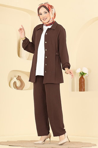 moda selvim Düğme Detaylı 2 li Takım 9245PLK541 Kahve - Thumbnail