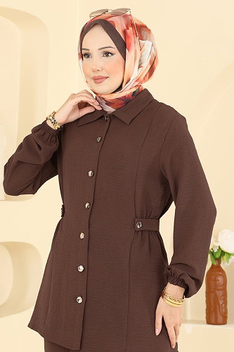 moda selvim Düğme Detaylı 2 li Takım 9245PLK541 Kahve - Thumbnail
