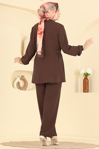 moda selvim Düğme Detaylı 2 li Takım 9245PLK541 Kahve - Thumbnail