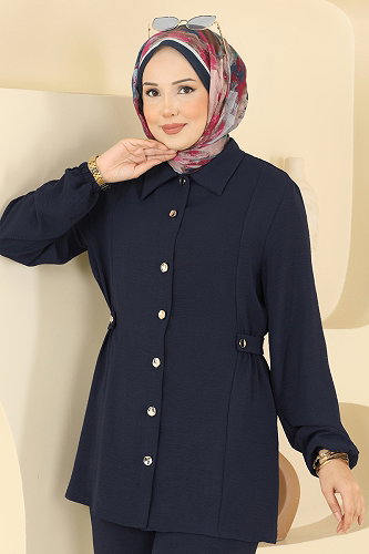 moda selvim Düğme Detaylı 2 li Takım 9245PLK541 Koyu Laci - Thumbnail
