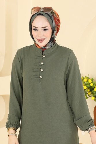 moda selvim Düğme Detaylı 2 li Takım PL9238 Haki - Thumbnail