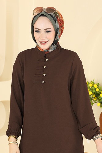 moda selvim Düğme Detaylı 2 li Takım PL9238 Kahve - Thumbnail