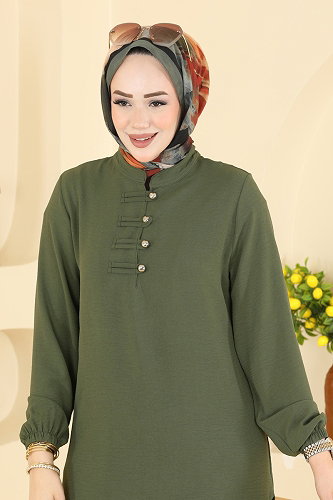 moda selvim Düğme Detaylı 2 li Takım PL9238 Koyu Haki - Thumbnail