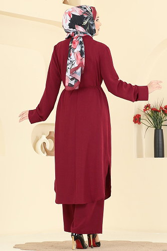 moda selvim Düğme Detaylı 2li Takım PL9204 Bordo - Thumbnail