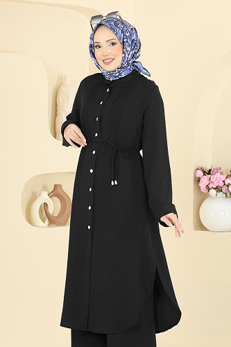 moda selvim Düğme Detaylı 2li Takım PL9204 Siyah - Thumbnail