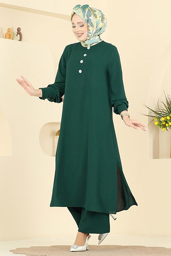 moda selvim Düğme Detaylı Aerobin 2 li Takım 3035SMD1186 Zümrüt - Thumbnail