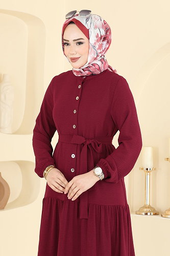 moda selvim Düğme Detaylı Aerobin Elbise PL9203 Bordo - Thumbnail