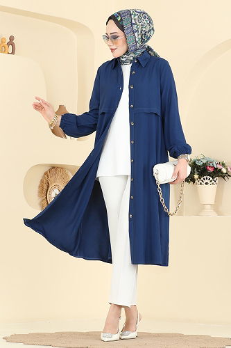 moda selvim Düğme Detaylı Belmando Tunik 2010BG354 Koyu İndigo - Thumbnail