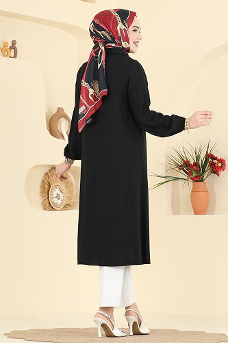 moda selvim Düğme Detaylı Belmando Tunik 2010BG354 Siyah - Thumbnail