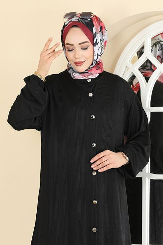 moda selvim Düğme Detaylı Burgu Ferace 2603TPK1167 Siyah - Thumbnail