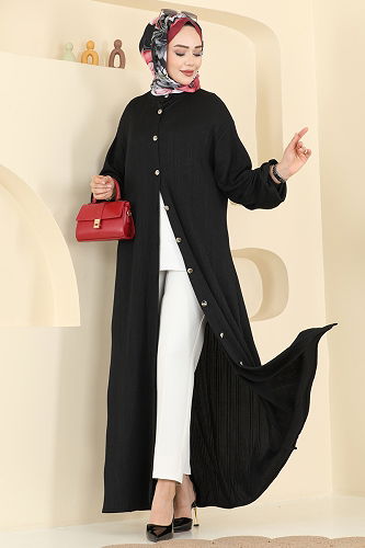 moda selvim Düğme Detaylı Burgu Ferace 2603TPK1167 Siyah - Thumbnail