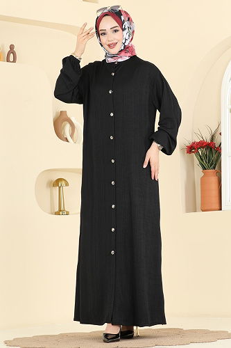 moda selvim Düğme Detaylı Burgu Ferace 2603TPK1167 Siyah - Thumbnail