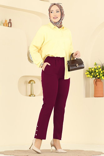 moda selvim Düğme Detaylı Dabıl Pantolon 0652ERK1158 Bordo - Thumbnail