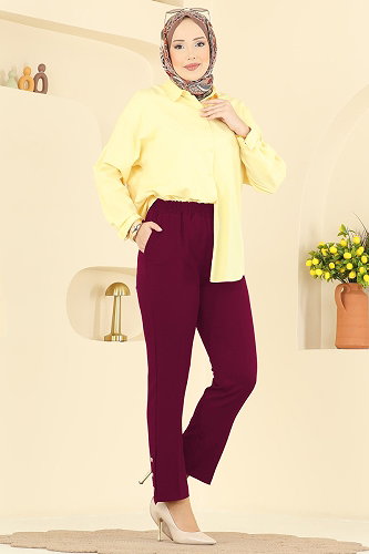 moda selvim Düğme Detaylı Dabıl Pantolon 0652ERK1158 Bordo - Thumbnail