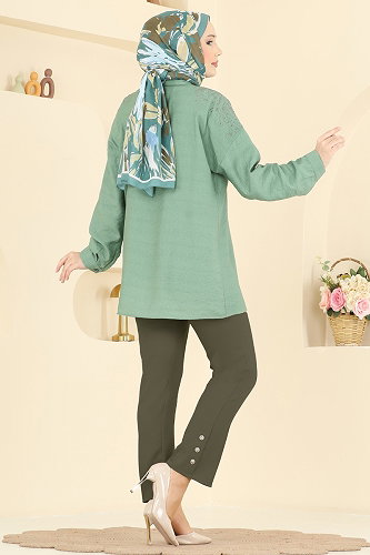 moda selvim Düğme Detaylı Dabıl Pantolon 0652ERK1158 Haki - Thumbnail