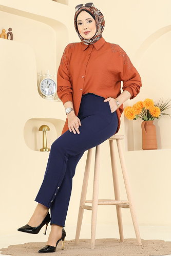 moda selvim Düğme Detaylı Dabıl Pantolon 0652ERK1158 Laci - Thumbnail