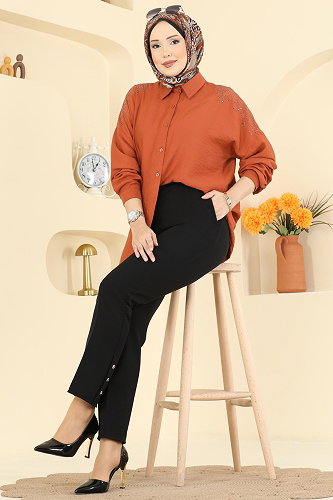 moda selvim Düğme Detaylı Dabıl Pantolon 0652ERK1158 Siyah - Thumbnail