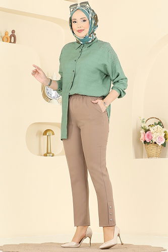 moda selvim Düğme Detaylı Dabıl Pantolon 0652ERK1158 Vizyon - Thumbnail