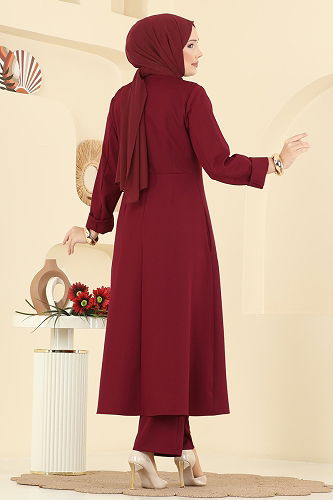 moda selvim Düğme Detaylı Dabıl Takım 2758SL432 Bordo - Thumbnail