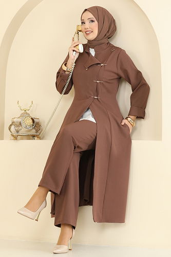 moda selvim Düğme Detaylı Dabıl Takım 2758SL432 Kahve - Thumbnail