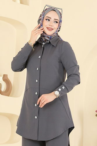 moda selvim Düğme Detaylı Dabıl Takım 2780SL432 Antrasit - Thumbnail