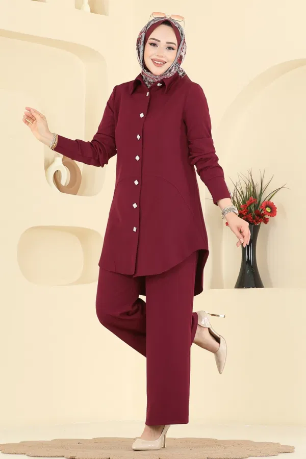 Modaselvim Kombin Düğme Detaylı Dabıl Takım 2780SL432 Bordo