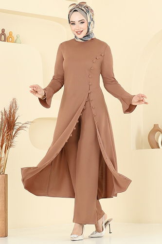 moda selvim Düğme Detaylı Dabıl Takım ASM2817 Taba - Thumbnail