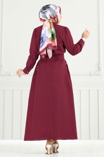 moda selvim Düğme Detaylı Elbise Takım 3056KTR750 Bordo - Thumbnail