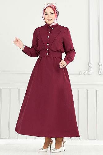 moda selvim Düğme Detaylı Elbise Takım 3056KTR750 Bordo - Thumbnail