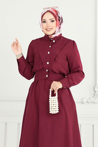 moda selvim Düğme Detaylı Elbise Takım 3056KTR750 Bordo - Thumbnail
