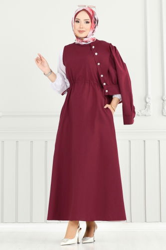 moda selvim Düğme Detaylı Elbise Takım 3056KTR750 Bordo - Thumbnail