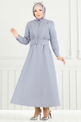 moda selvim Düğme Detaylı Elbise Takım 3056KTR750 Gri - Thumbnail