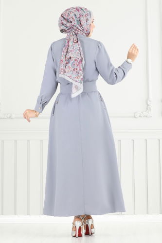 moda selvim Düğme Detaylı Elbise Takım 3056KTR750 Gri - Thumbnail
