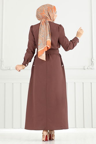moda selvim Düğme Detaylı Elbise Takım 3056KTR750 Kahve - Thumbnail