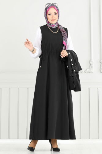 moda selvim Düğme Detaylı Elbise Takım 3056KTR750 Siyah - Thumbnail