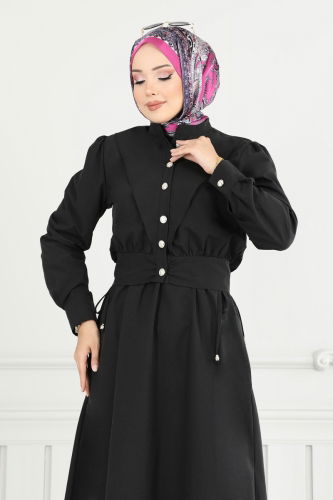 moda selvim Düğme Detaylı Elbise Takım 3056KTR750 Siyah - Thumbnail