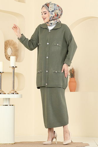 moda selvim Düğme Detaylı Etekli Takım 2756AYD574 Açık Haki - Thumbnail