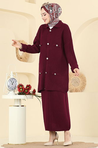moda selvim Düğme Detaylı Etekli Takım 2756AYD574 Bordo - Thumbnail