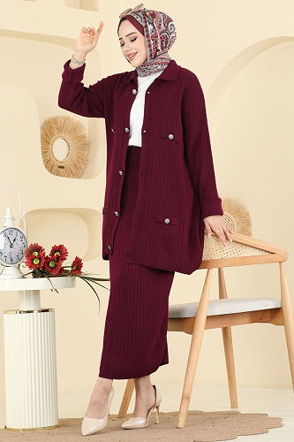 moda selvim Düğme Detaylı Etekli Takım 2756AYD574 Bordo - Thumbnail