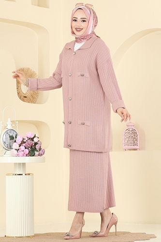 moda selvim Düğme Detaylı Etekli Takım 2756AYD574 Pudra - Thumbnail